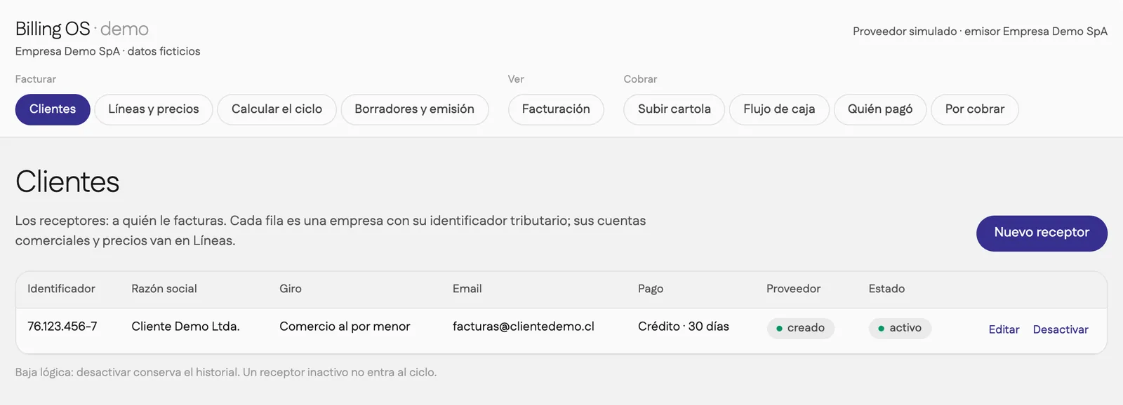 Vista Clientes de la app demo con Cliente Demo Ltda.