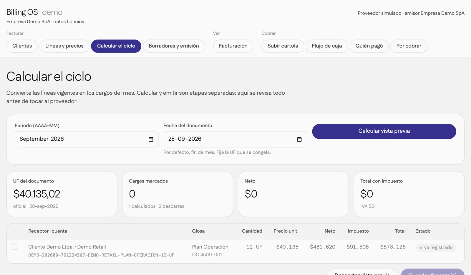 Vista previa recalculada donde el cargo aparece como ya registrado