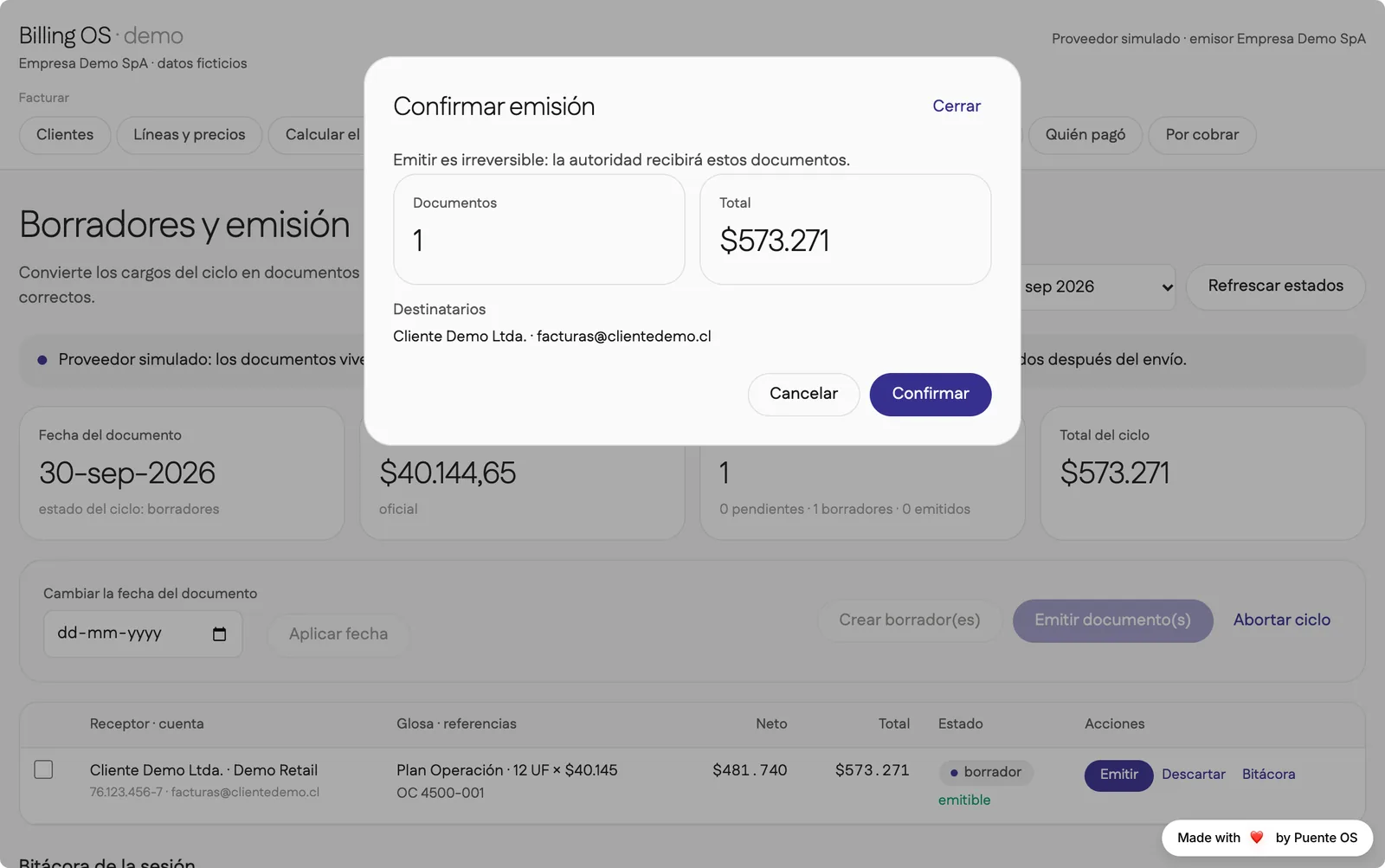 Tarjeta de confirmación de emisión con cantidad, total y destinatarios