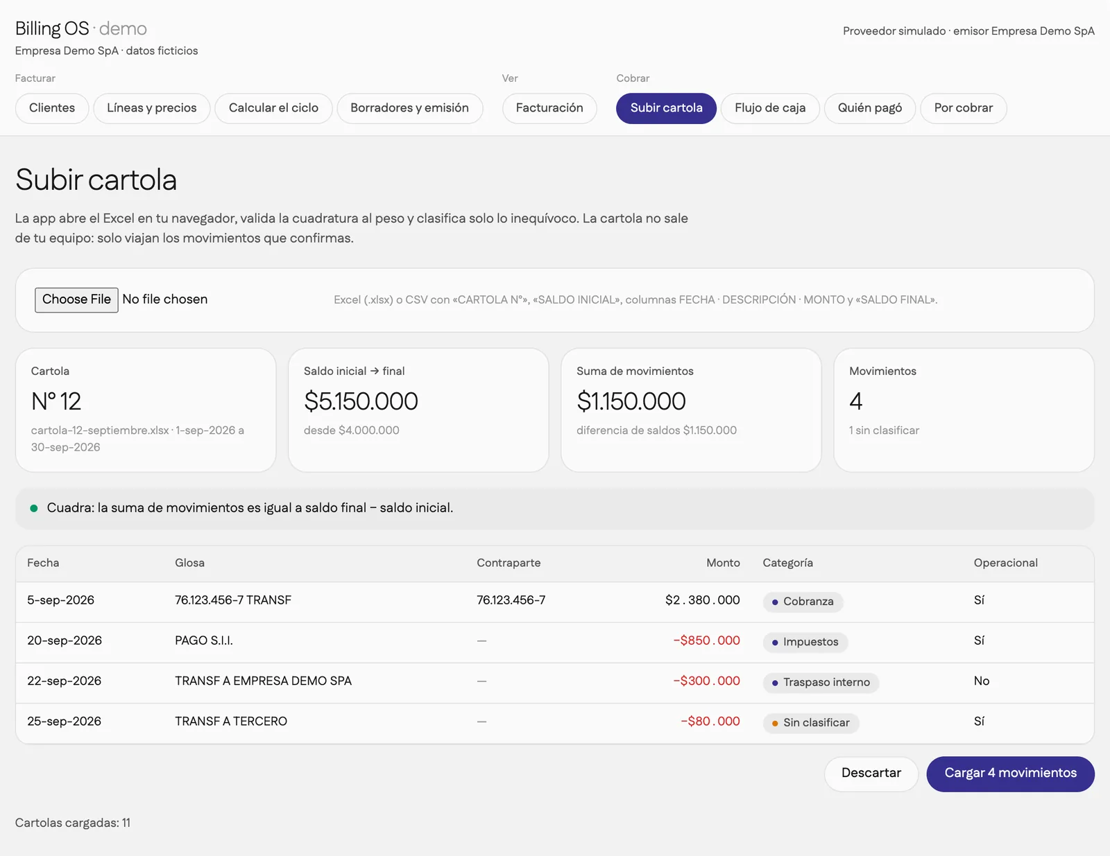 Vista previa de la cartola 12 con cuadratura y categorías
