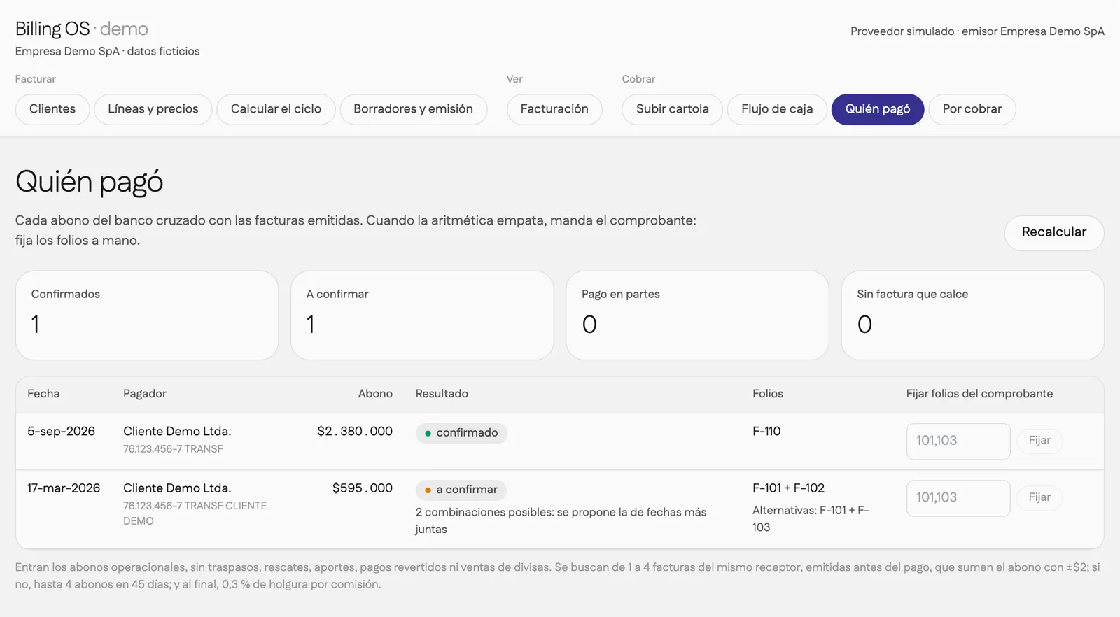 Vista Quién pagó con un abono a confirmar y su alternativa